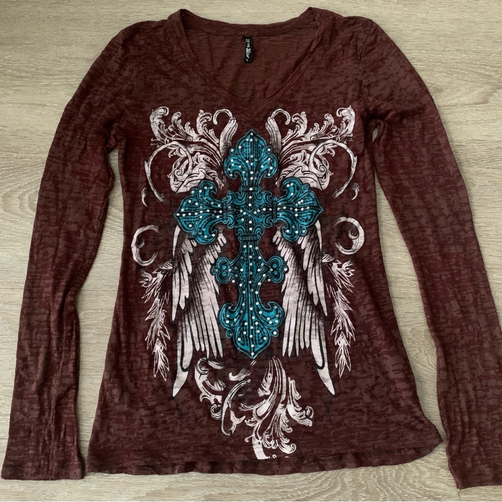 Sweet Girl Sheer Brown Cross Long Sleeve Size L